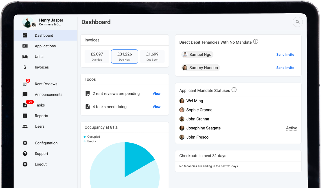 The Latch dashboard on an iPad, showing invoice totals, outstanding tasks, occupancy and direct debit mandate statuses